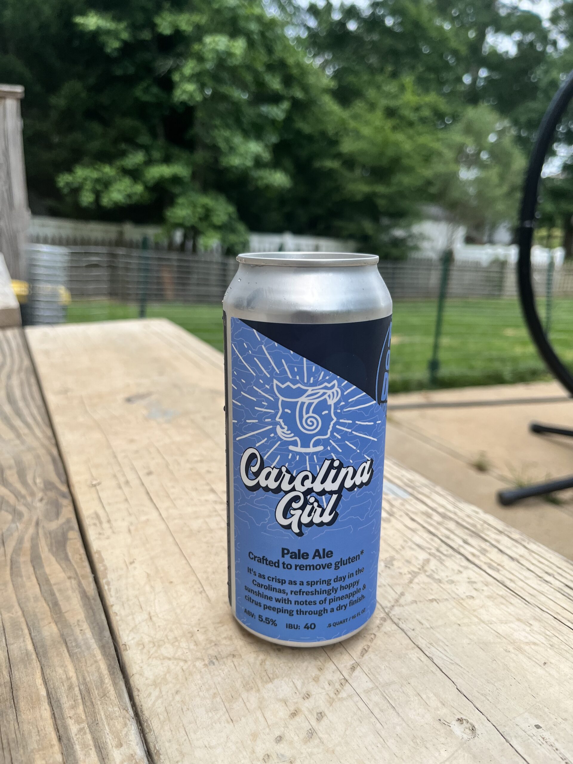 Carolina girl pale ale is a light, tangy,  hoppy ale. Well balanced flavor between bitter (IBU 40) and crisp citrus notes. Light body, not filling, moderate alcohol content- perfect for fish tacos. by gfbeerlovers.com